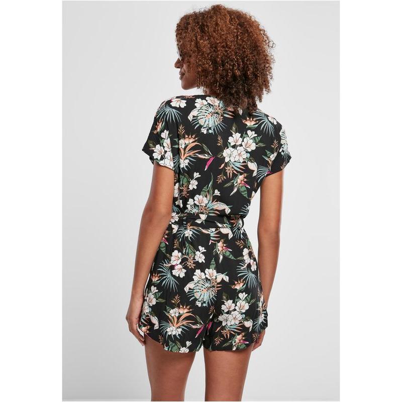 Urban Classics Ladies Short Viscose Belt Jumpsuit black tropical