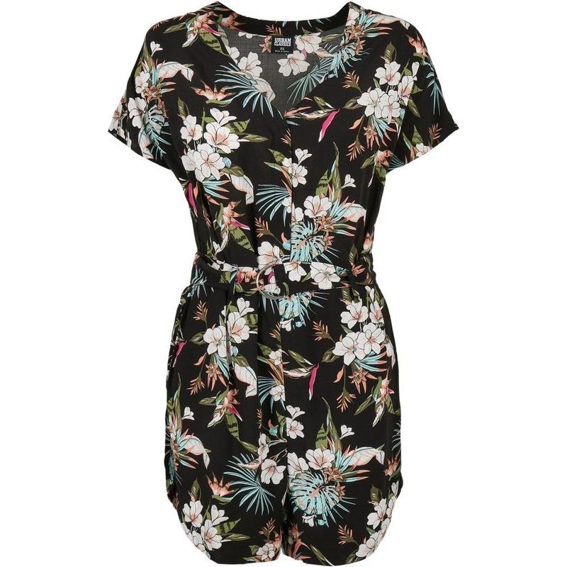 Urban Classics Ladies Short Viscose Belt Jumpsuit black tropical